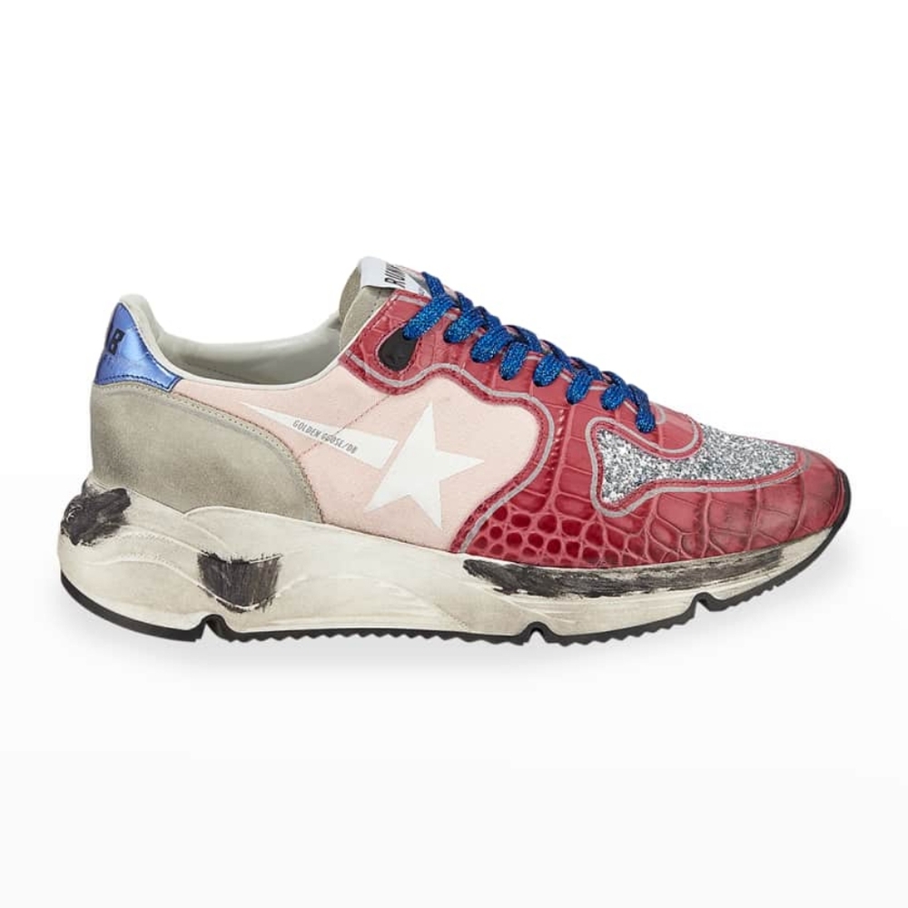 Golden Goose Red and Blue Croc-Embossed Sneakers